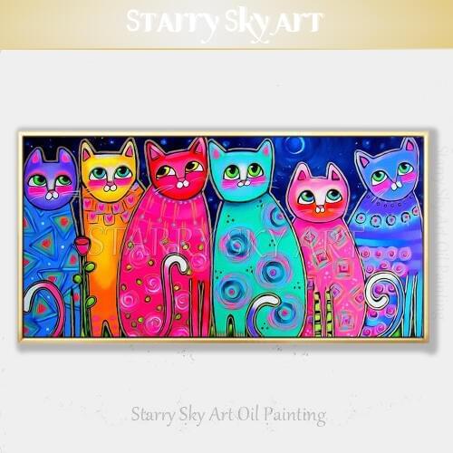 Pure Hand-painted Funny Animals Picture 6 Cats Acrylic Painting on Canvas Funny Lovely Cat Animals Painting for Wall Decoration