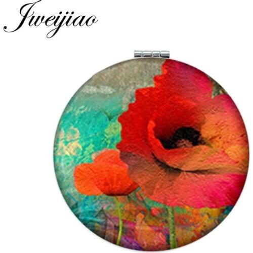 Youhaken Red Poppy Flowers Makeup Mirrors Mini Round Folding Compact Photo Print PU Leather Pocket Mirror 1X/2X Magnifying