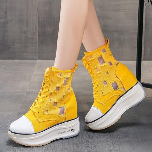 Summer high help shoes womens summer breathable hollow increased womens shoes 8cm increased muffin thick-soled canvas shoes