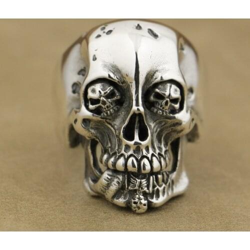 LINSION Handmade 925 Sterling Silver High Details Skull Mens Biker Rock Punk Ring TA76 US Size 7~15