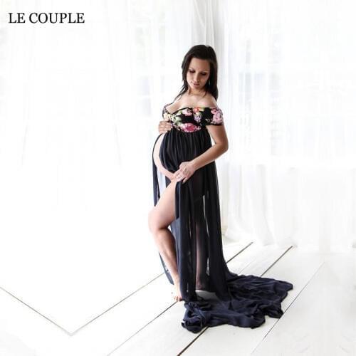 Le Couple Floral Print Fashion Maternity Dresses Slit Front Chiffon Maternity Photography Props Maxi Dress Maternity Portrait