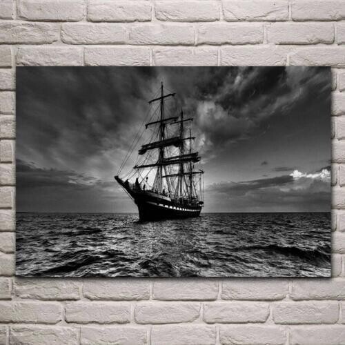 Sailing ship in dark black and white nautical journey mood living room home wall art decor wood frame fabric poster KE749