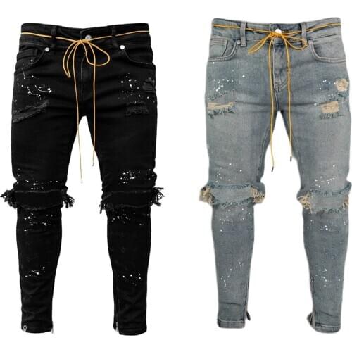 Men’s Korean Slim Fit Jeans Fashion Ripped White Paint Dot Mid-waist Stretch Feet Denim Pencil Pants Trousers Summer Clothes