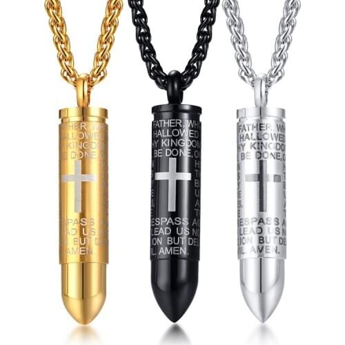 New Arrival Mens Necklaces Stainless Steel Cross Scripture Pendant Silver Black Gold Bullet Shape Personality Necklaces Jewelry
