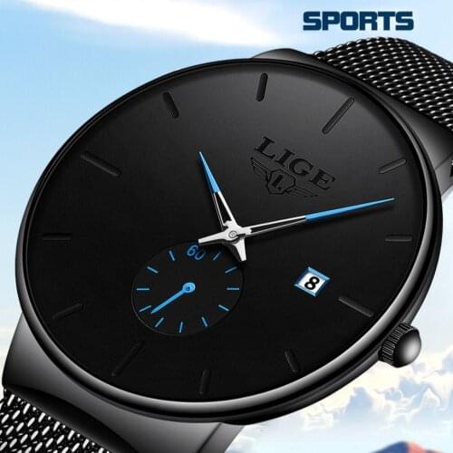 Mens Simple Trend Ultra-Thin Steel Mesh Band Sports Waterproof Watches Casual Fashion Quartz Male Wristwatch LIGE 9969