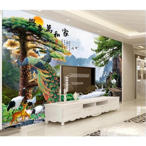 WDBH Custom photo mural 3d wallpaper Chinese style alpine flowing tree peacock crane 3d wall mural wallpaper for living room