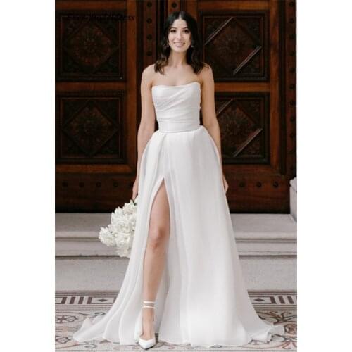 2021 New High Split Satin Wedding Dresses Beach Robe De Mariee Bridal Gowns Floor Length Strapless Sexy Backless Bride Dress