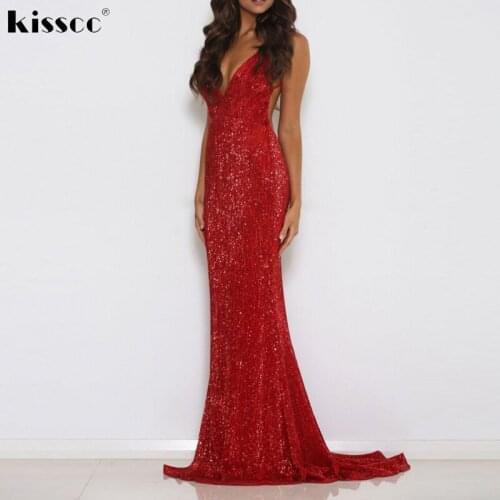 Deep V Nec Maxi Dresses Floor Length Sequined Mermaid Party Dress Red Black Padded Backless Elegant Evening Club Dress