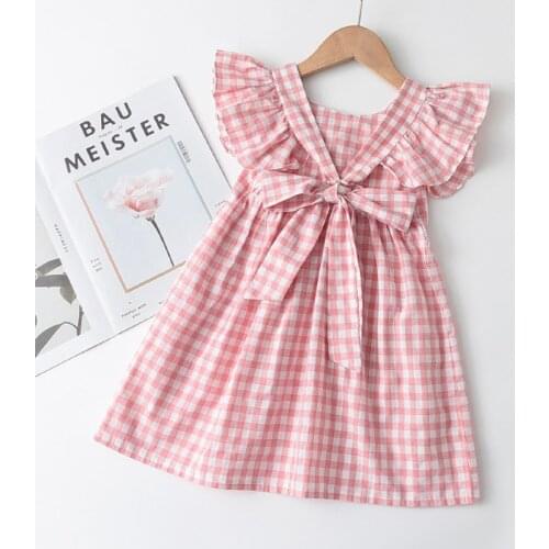 Girls Casual Dress 2021 New Summer Kids Sleeveless Costume Sweet Plaid Dresses Children Bow-knot Clothing Suits 3-7 Years