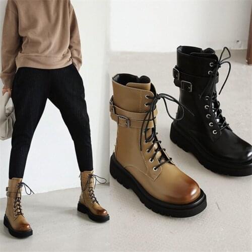 PXELENA Women Punk Goth Motorcycle Boots Chunky Med Heel Platform Shoes 2020 Winter Buckle Rivet Military Combat Boots Plus Size