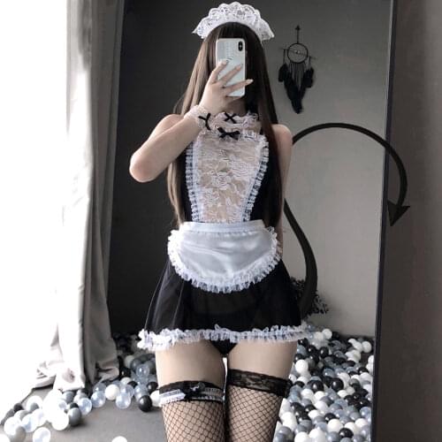 Plus Size Sexy Maid Cosplay Costume Tulle See-through Lace Suspender Nightdress Kawaii Ladies Underwear Womens Erotic Lingerie