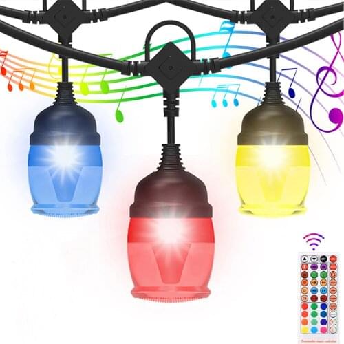 Outdoor LED String Lights, Music Sync Hanging Strand Lights with 12 RGB Dimmable Bulbs Waterproof Outdoor String Lights