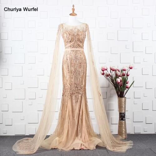 YY013 Churlya Wurfel dubai mermaid gown detachable sleeve shawl o-neck zipper back gold dress long mermaid bead robe de soiree
