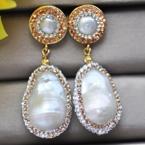 Z10496 28mm White Baroque Drop Keshi Pearl Golden CZ Dangle Earring