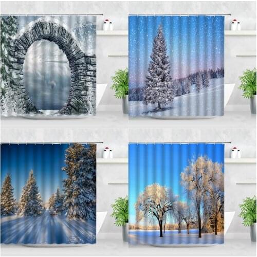 Winter Snow Scenery Shower Curtain Forest Pine Tree White Landscape Waterproof Fabric Decor Bathroom Bathtub Curtains With Hooks