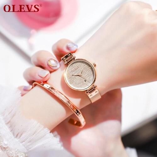 OLEVS Ladies Watch Premium Luxury Rose Gold Casual Ladies Quartz Watch Leather Fine Mesh Steel Belt Ladies Watch Jewelry Women