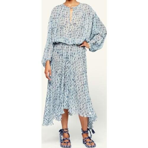 Women Lace-Up V-Neck Print Midi Dress Lantern Sleeve Irregular Slim Waist Long Dresses 2021 New with Buttons Robes