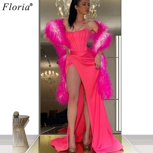 Arabic Fuchsia Prom Dresses Long Mermaid Strapless Evening Dresses 2020 Feather Shawl Cocktail Gowns Party Woman Vestidos Robe
