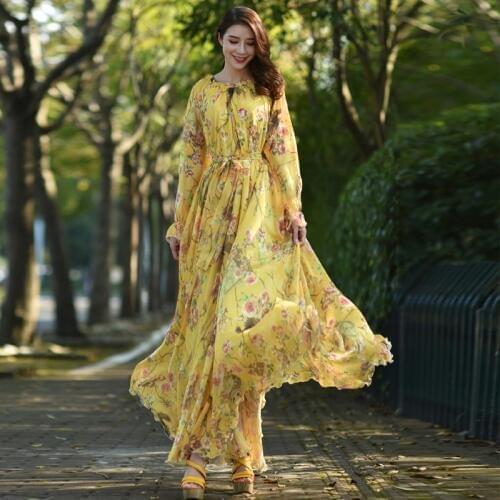 2020 chiffon Floral Long Sleeve maxi dress bohemia dress full plus size celebrity/graduation/Dinner Dress Flowy Beach Sundress