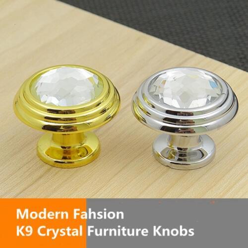 32mm modern simple fashion k9 clear crystal drawer tv cabinet knobs pulls silver golden kitchen cabinet cupboard door handles