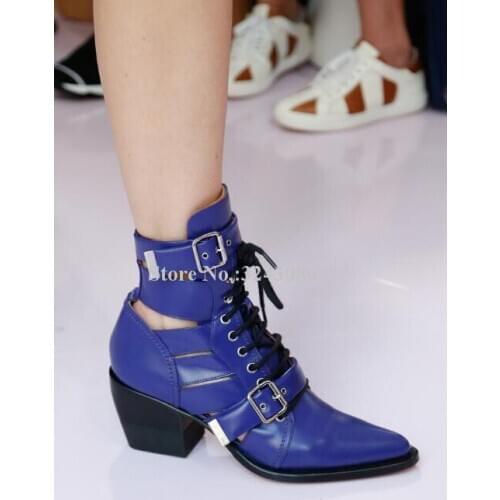 Women Low Chunky Heel Sandals Boots Fashion Buckle Strap Lace-up Blue White Black Leather Pumps Single Shoes Lady Popular Shoes