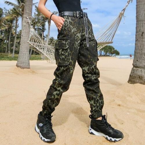 Great quality Leopard print denim pants female drape cargo pants All-match slim feet bud pants leopard pants jeans F1743