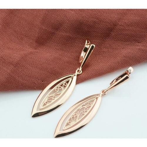 FJ Women Long Drop Earrings 585 Rose Gold Color Weaving Patterned Oval Dangle Earring