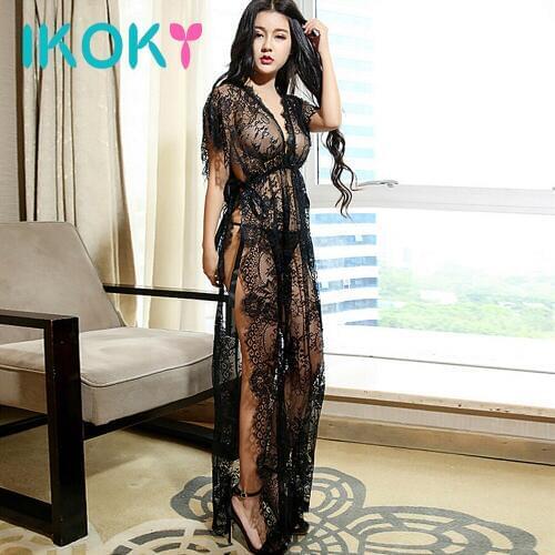 IKOKY Black Lace Robe+T-Thongs Sexy Lingerie Erotic Lingerie Exotic Apparel Deep V-Neck Long Dress Sleepwear Side Slit