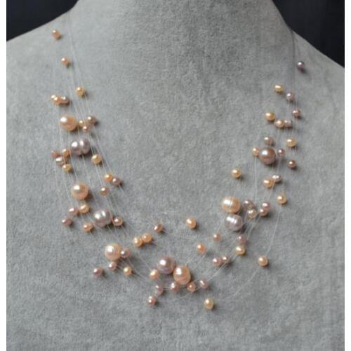 Illusion Pearl Necklace Lavender And Pink Color Genine Freshwater Pearl Necklace ,Multistrand Jewelry,Bridesmaid Necklace