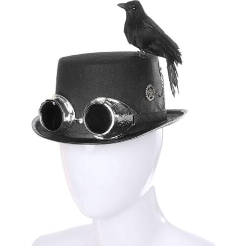 Carnival Retro Gothic Top Hat Steampunk Cosplay Black Jazz Cap with Crow Goggles