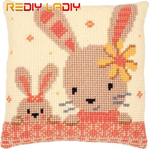 Cross Stitch Cushion Cover Sweet Bunnies Pillow Case Pre-Printed Canvas Thick Yarn Cross-stitch Kits Needlepoint Arts and Crafts