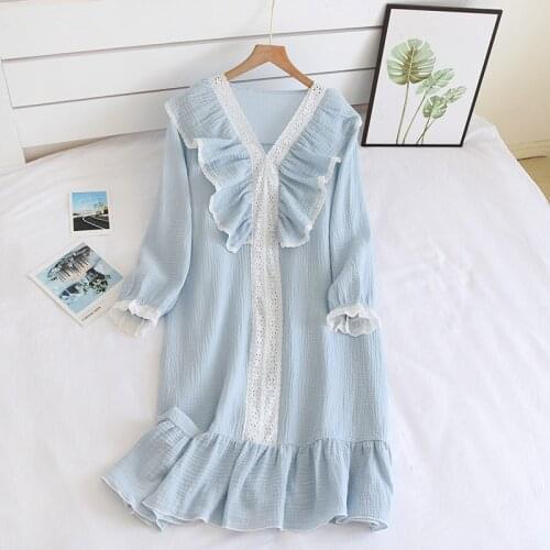 Summer Long Sleeve Princess Style Nightgowns Thin Cotton Gauze Crepe Sleeping Dress V-Neck Lace Sleepwear Solid Home Clothing