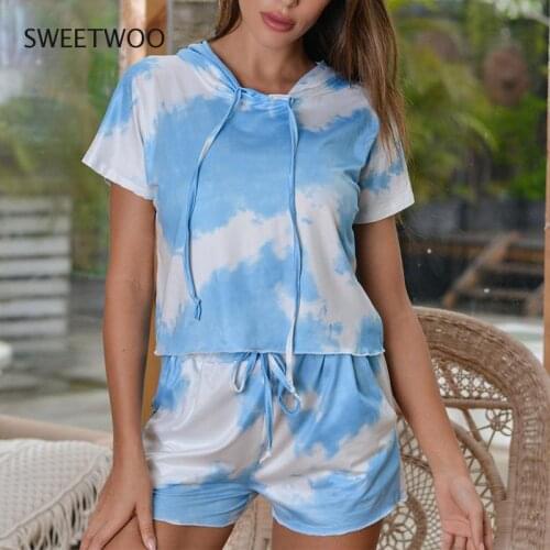 Summer Tie-Dye Print Hooded-neck Womens Suit 2 Piece Sets Women Tops And Shorts Tracksuit Suits 2021 New Streetwear Ladies Set