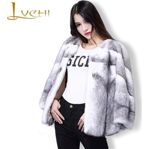 LVCHI 2019 Cross Striped Womens Real Fur Coat Leather Cross Mink Fur Leather Elegant V-Neck Full Pelt Mink knitted Mink Coat