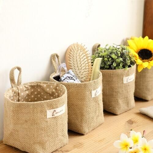 New Cotton Linen Art Flower Pot Small Sack Hanging Jute Dot Striped Storage Basket Storage Hanging Bag Household Storage Product
