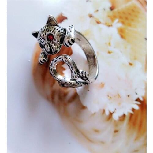 Season Gate 925 Sterling Silver Punk Retro Personality Vivid Cat Leopard Adjustable Size Open Ring SR180