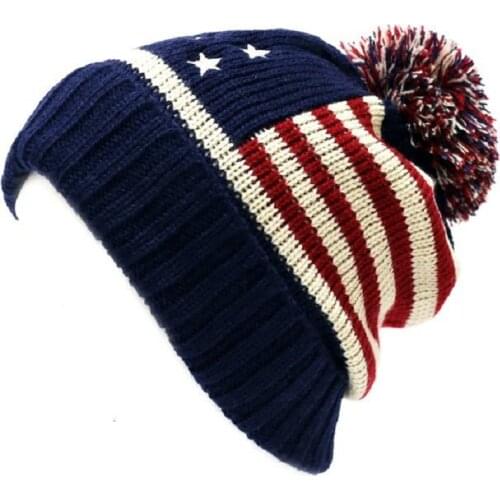 New Winter Unisex knit Beanie hat USA flag pattern pom pom knitted cap hat free shipping
