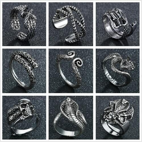 Vintage Dragon Snake Stick Skull Ring Adjustable Animal Wedding Ring Ladies Men Fashion Jewelry Gift