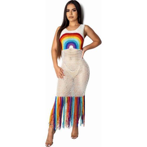 JRRY Tassels Knitted Cover Ups Dresses Hollow Out Beach Wear Maxi Dress Rainbow Knits Dress Ankle Length Women Beach Knit Dress