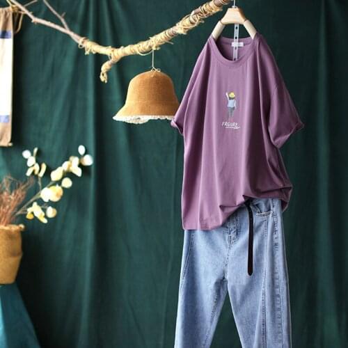 Cartoon printed round neck T-shirt women 2021 summer new loose casual all-match Korean short-sleeved shirt