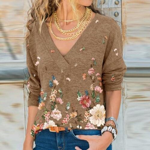 Women Top Autumn V Neck Floral Print Winter Mode Long Sleeve Stylish Pullover Loose Top Casual Comfortable Blouse Plus Size