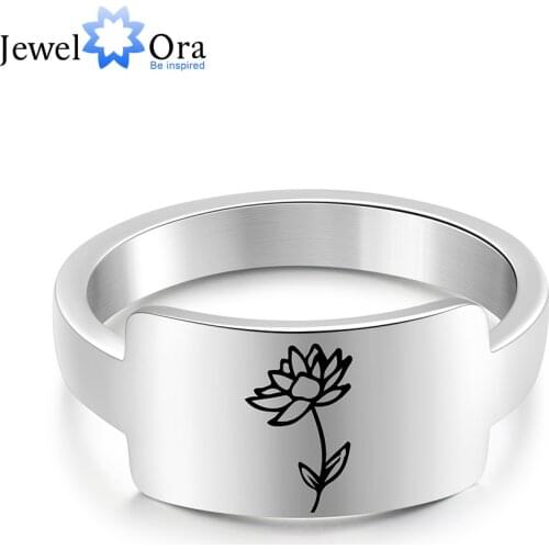 JewelOra Personalized Engraving Birth Flower Rings for Women Elegant Stainless Steel Wide Wedding Ring Fashion Jewelry Gifts
