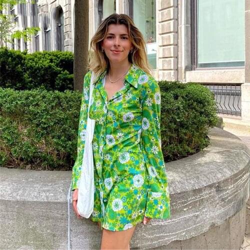 2021 Fashion Floral Print Shirt Dress Autumn Casual Mini Dress Women Turn-Down Collar Long Sleeve Blouse Dress