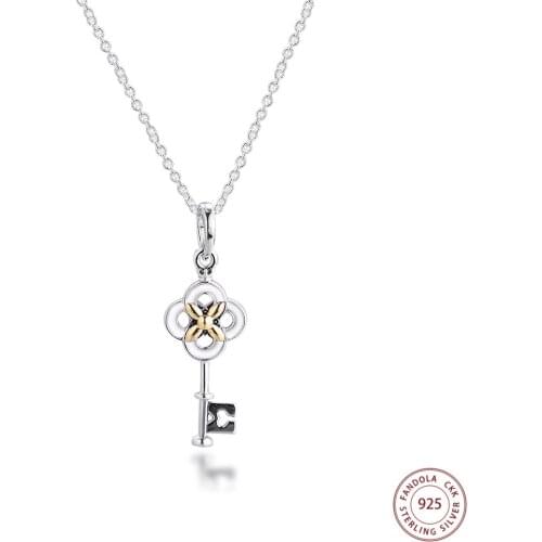 2021 Spring New 925 Sterling Silver Two-tone Key & Flower Necklaces for Women Fine Jewelry Gift Necklaces & Pendants Collares