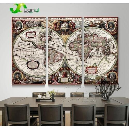 3 Piece Abstract World Map Canvas Painting For Kids Rooms Wall Art Prints Picture World Map Antique Painting Home Decor Unframed