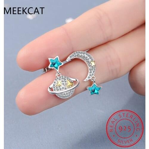 925 Sterling Silver Blue Crystal Twinkling CZ Asymmetric Planet Star Stud Earrings For Women Fine Sterling Silver Jewelry DA629
