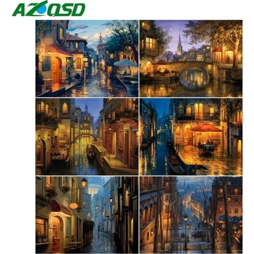 AZQSD Full Square Diamond Embroidery Town Street Mosaic Picture Of Rhinestones Diamond Painting Scenery Cross Stitch Home Decor