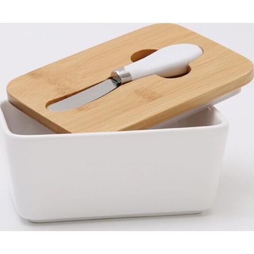 Bamboo Lid Large Butter Storage Box Ceramic Butter Airtight Box Home Kitchen Storage Supplies With Butter-Knife