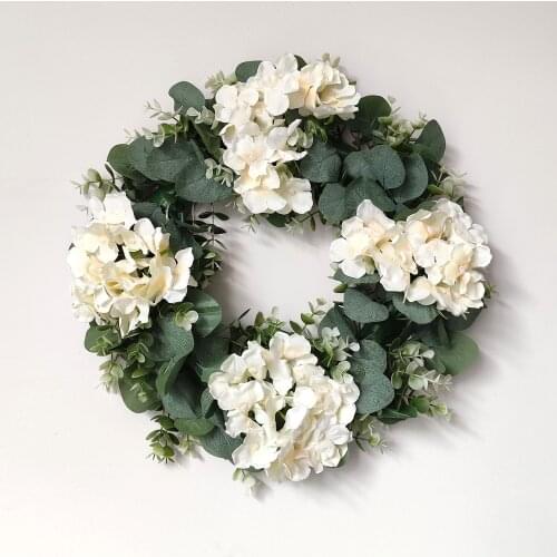 White Hydrangea Green Leaves Eucalyptus Garland Home Decor Artificial Flower Wreath For Wedding Decoration Door Ornament