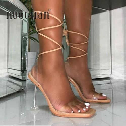 Summer PVC Transparent Ankle Cross Strap High Heels Shoes Women Sandals Peep Toe Sexy Party Female Ladies Shoes Woman Sandalias